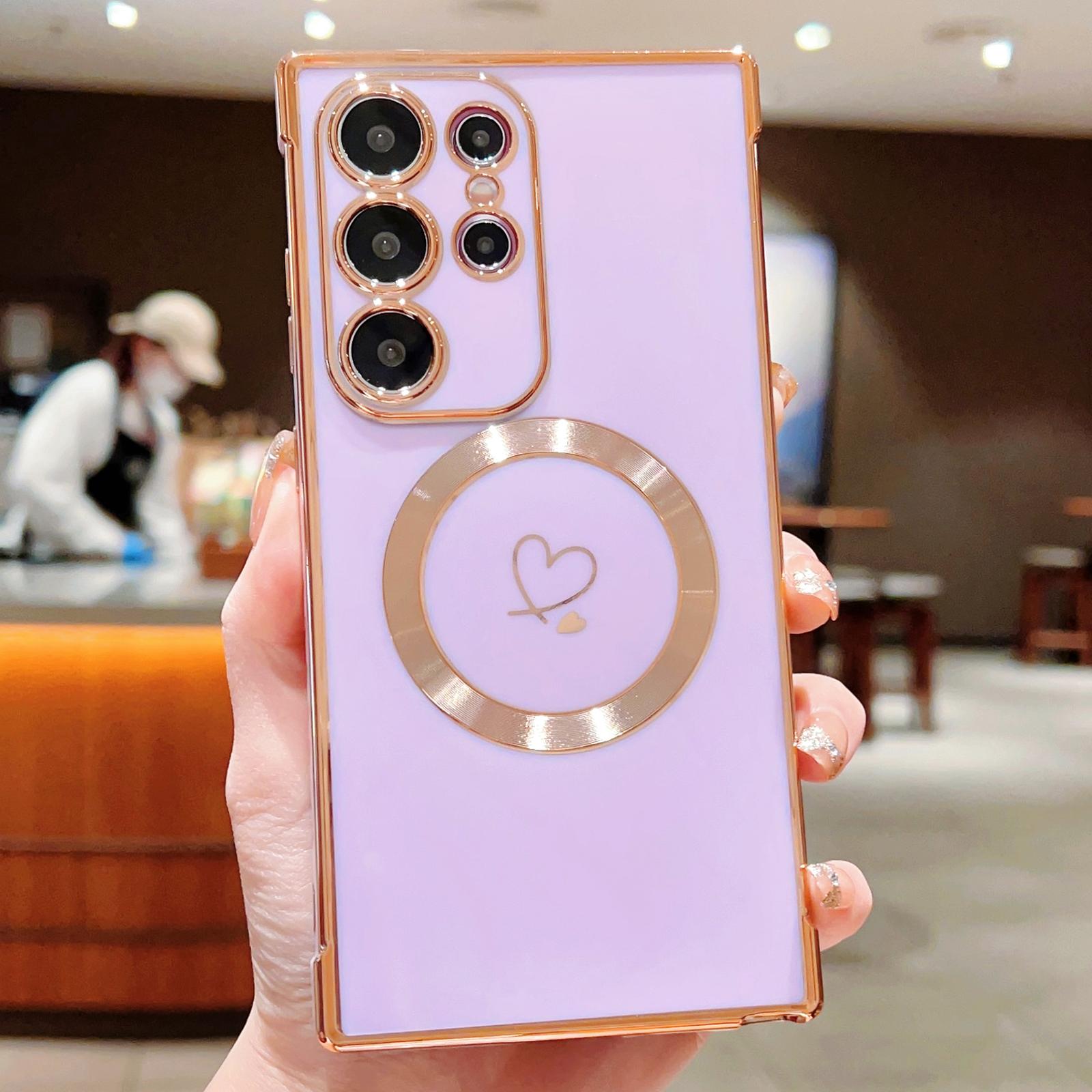 

For Samsung Galaxy S23 Ultra Case Compatible with MagSafe Electroplated TPU Phone Cover Hollow Love Hearts Purple