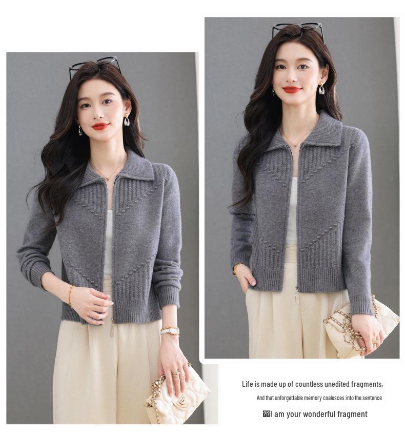 Damen Schlankmachende Mode Revers Reißverschluss Strickjacke Jacke, Kurzer Langarm Pullover Mantel für Herbst/Winter 2025