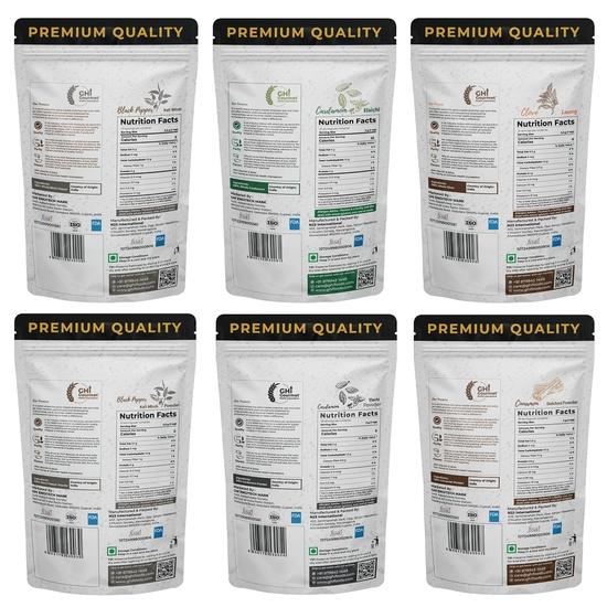GOURMET HEALTH IMPRESSIONS Superior Grade Spices | Whole Black Pepper 100g, Clove 50g, Green Cardamom 8mm+ 50g |Cinnamon & Cardamom Powder 75g Each