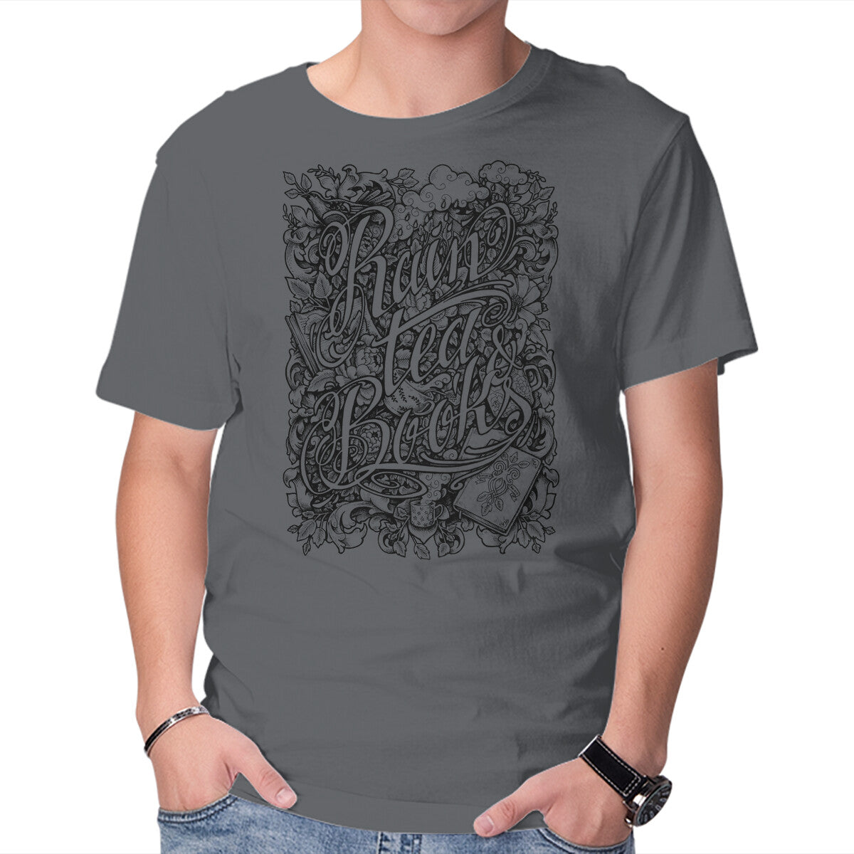 Unisex Crew Neck T-Shirt Rain, Tea, & Books Graphic Short Sleeve Casual Tee XXXXL