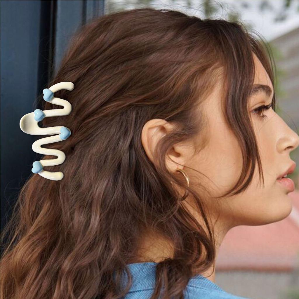 Blue Heart Waved Shaped Hair Claw Cream Color Clip for Women Sweet Cute Irregular Shark Hairpin Unique Hair Decoration