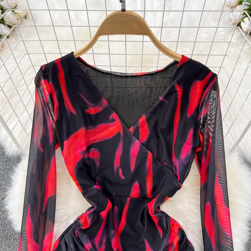 Sexy Tie-dye Printed V-Neck Long Sleeve Dress Women Chic Elegant Patchwork Vintage Midi Dresses Female Korean Fashion Casual One Piece Dress 2024
