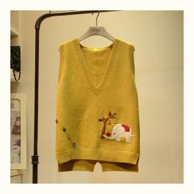 Embroidered Cartoon Elephant Women Knit Vest Retro Style Knitted Pullover Loose Casual Solid Color Thin Sweater Harajuku Style Knit Base Shirt Autumn