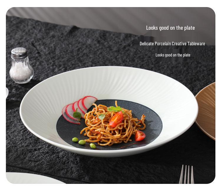 High-End Multi-Color Ceramic Dinnerware Set: Western Plates, Soup Bowls, Salad Bowls, and Wide-Edged Flat Plates for Commercial Use.