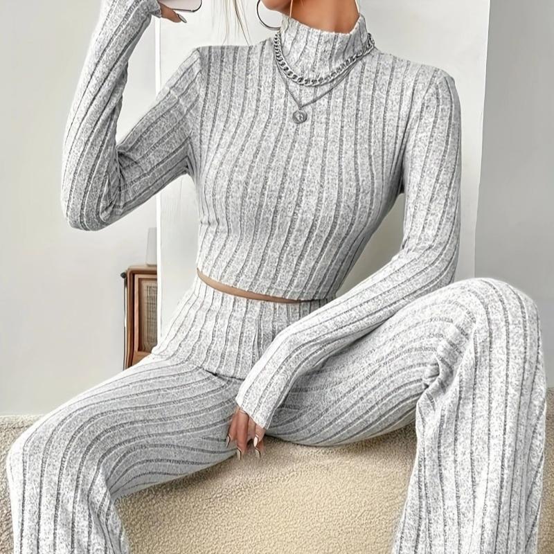 Toamnă Nou Set de pantaloni tricotați cu mânecă lungă Femei Casual Solid Stand Pantaloni largi din două piese Costume Femei Tricoturi Moda elegantă Seturi de femei 2 piese 24706