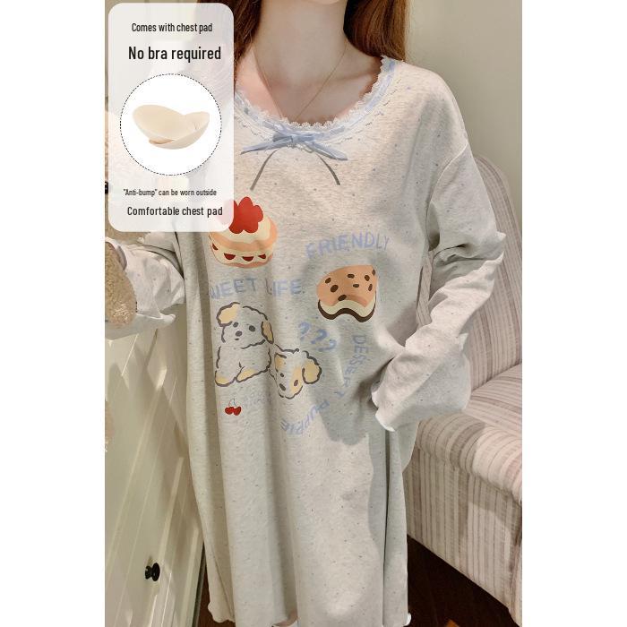 Spring & Autumn Maternity Slimming Long Sleeve Round Neck Princess Nightdress with Breast Pads, Wearable Outdoors