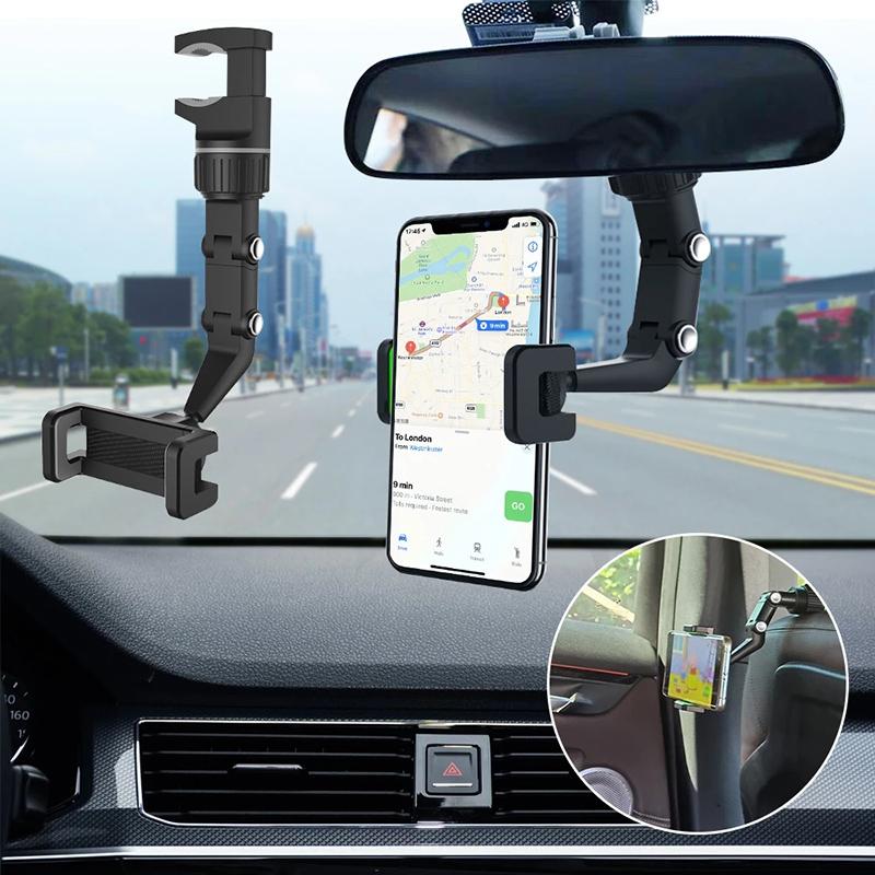 Adjustable Telescopic Car Rearview Mirror Mount Phone Holder Universal Phone GPS Video Shooting Bracket 360° Rotating