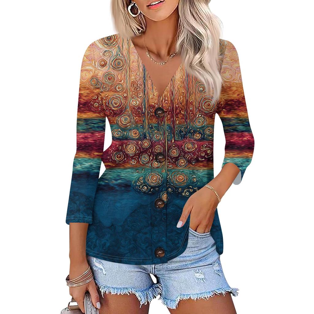 Women's Fashion Casual Print Button-down Shirt 3/4 Long Sleeve Tops