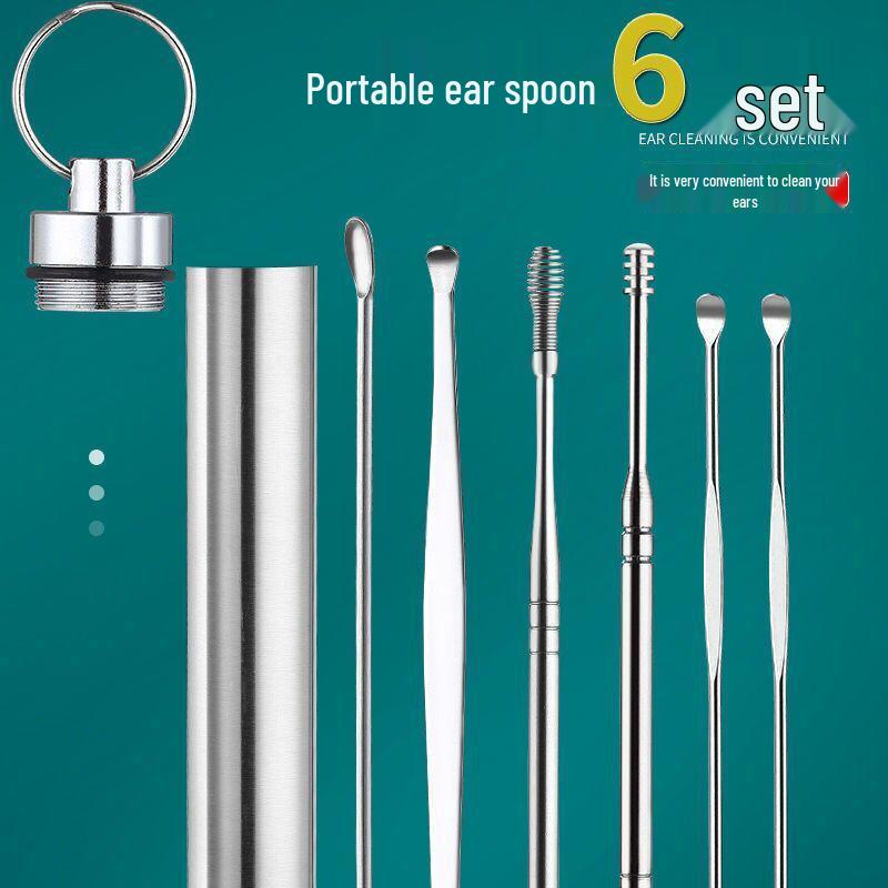

Набор ушей из нержавеющей стали: Портативный инструмент для чистки ушной серы из 6 предметов с трубкой для хранения