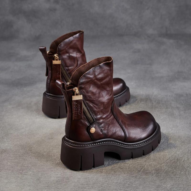 Johnature Retro Thick Soled Side Zipper Women's Short Boots Genuine Leather Knight Boots