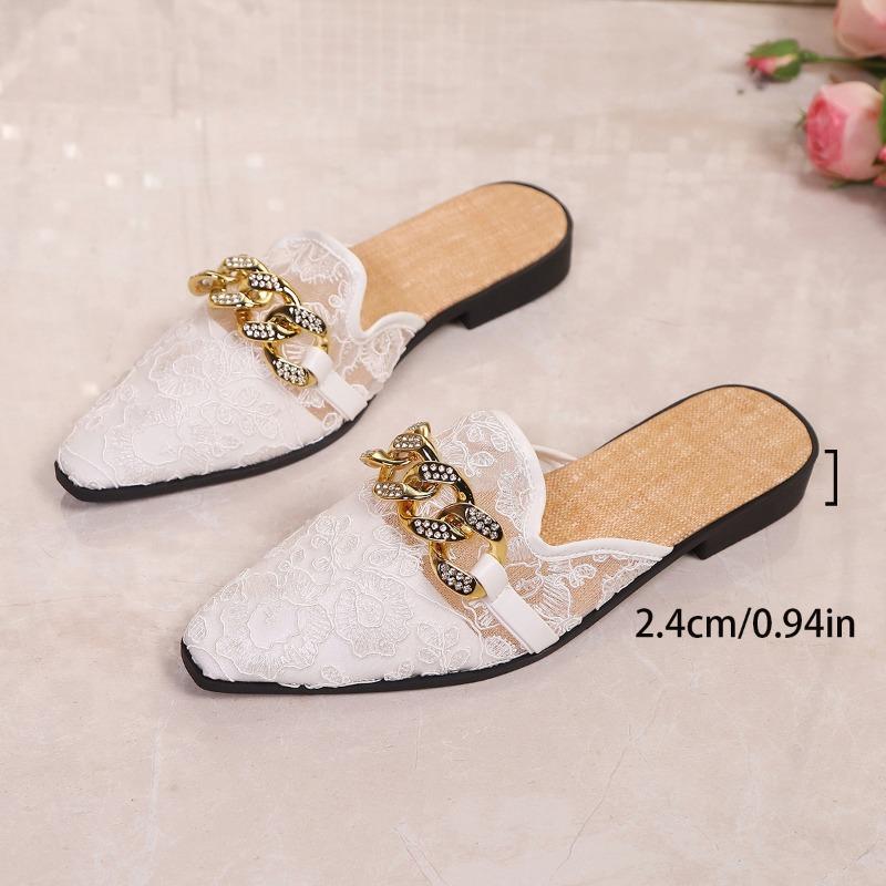 

Baotou half slippers women s summer new mesh lace outer wear flat bottom metal chain one pedal cool slippers large size 36