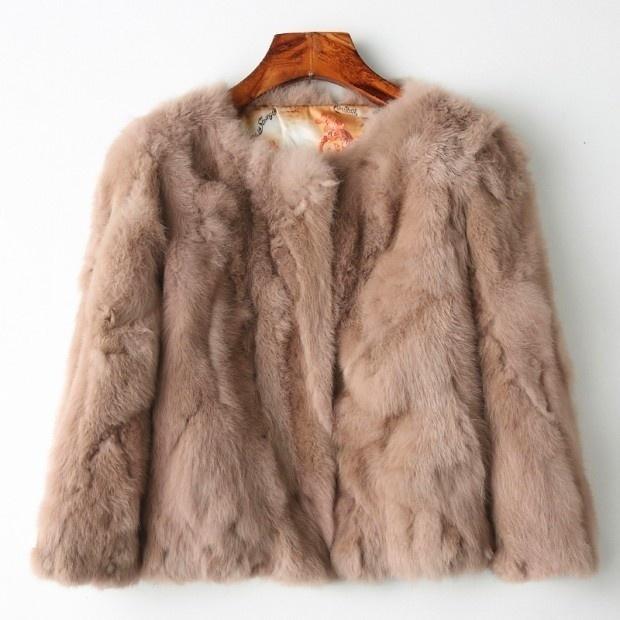 Lady Real Genuine Rabbit Fur 3/4 Sleeve Outwear Winter Warm Jacket Furry Coat