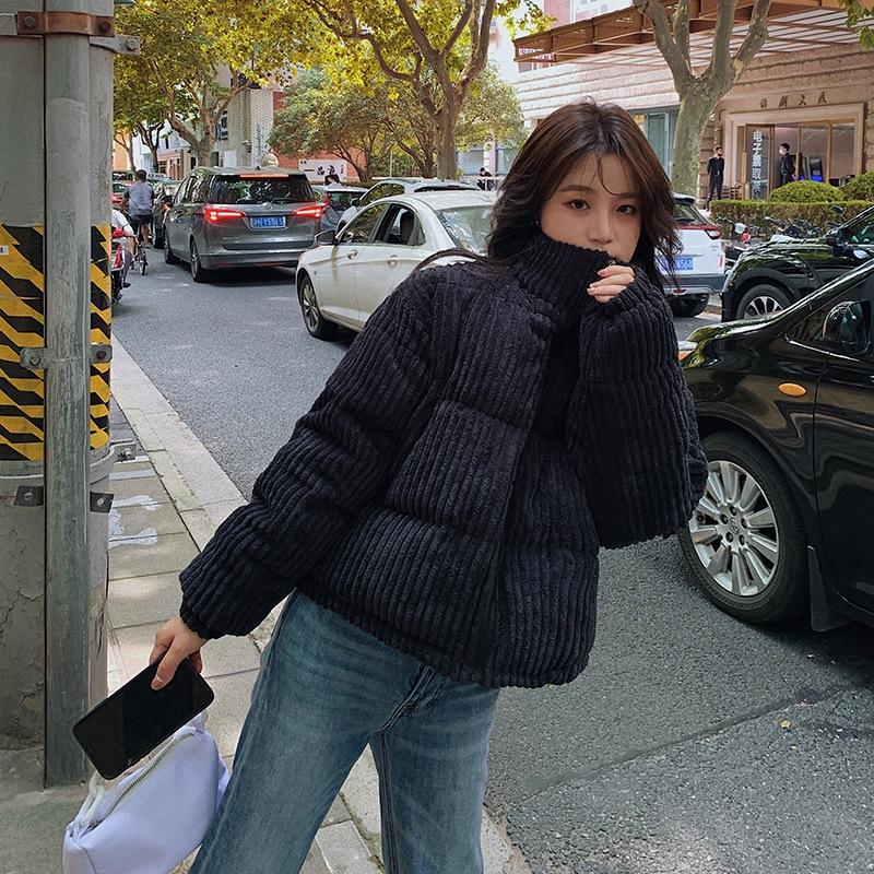 Women Thicken Warm Jacket Loose Coats Solid Color Cotton Clothes Corduroy Fashion Stand Collar Short Coats
