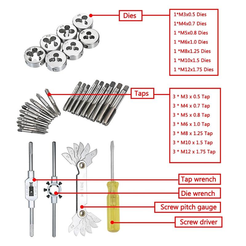 12/20/40pcs tap die set M3-M12, tool combination for manual internal and external thread tapping, thread repair drilling