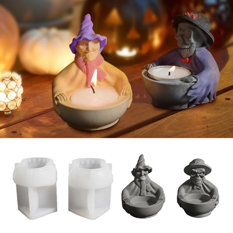 Halloween Theme Silicone Candlestick Molds Skull Witch Silicones Mould For Candle Stand Tealight Holder Home Decoration