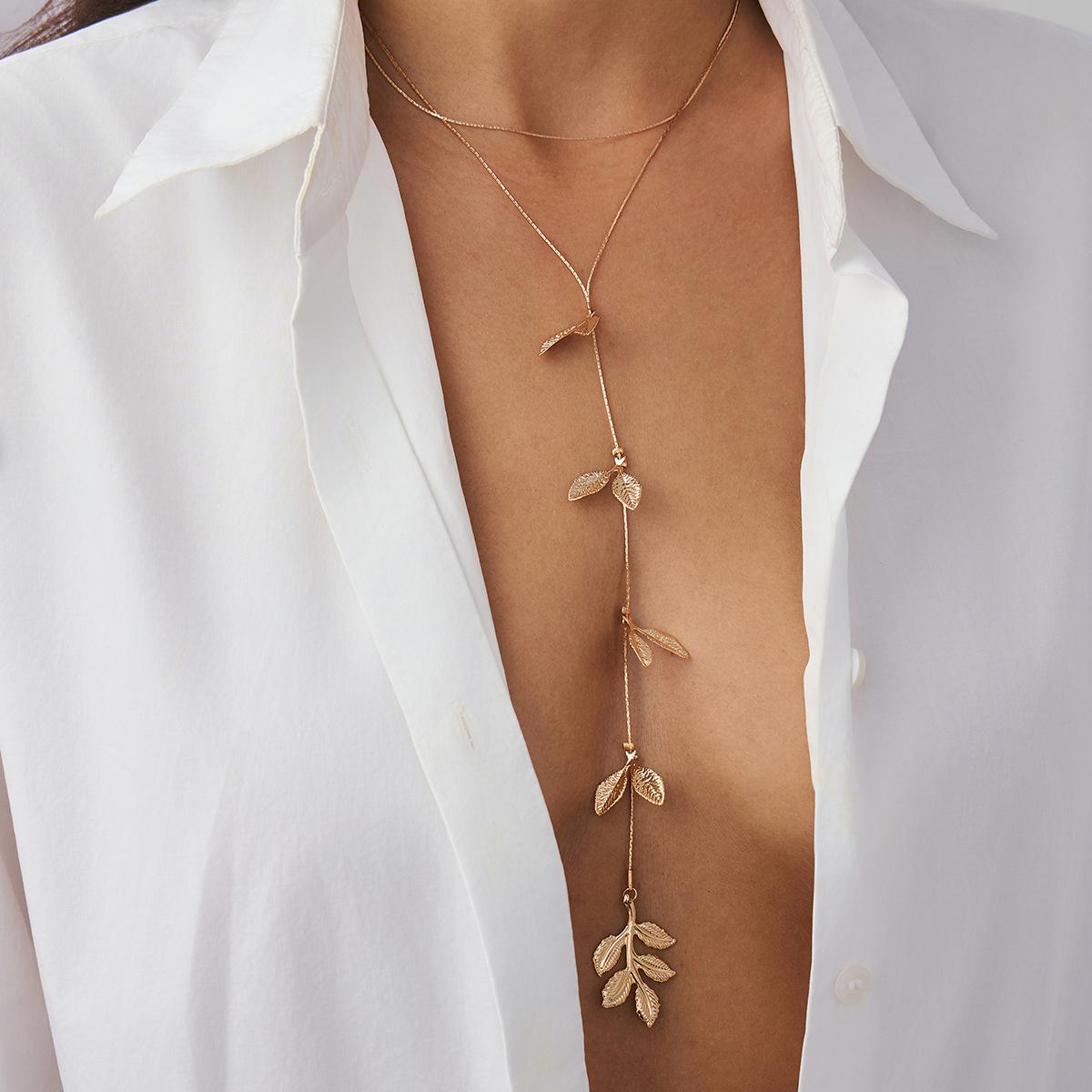 Simple Leaf Pendant, Fringed Necklace, Personalized Metal Thin Chain, Long Collarbone Chain Necklace