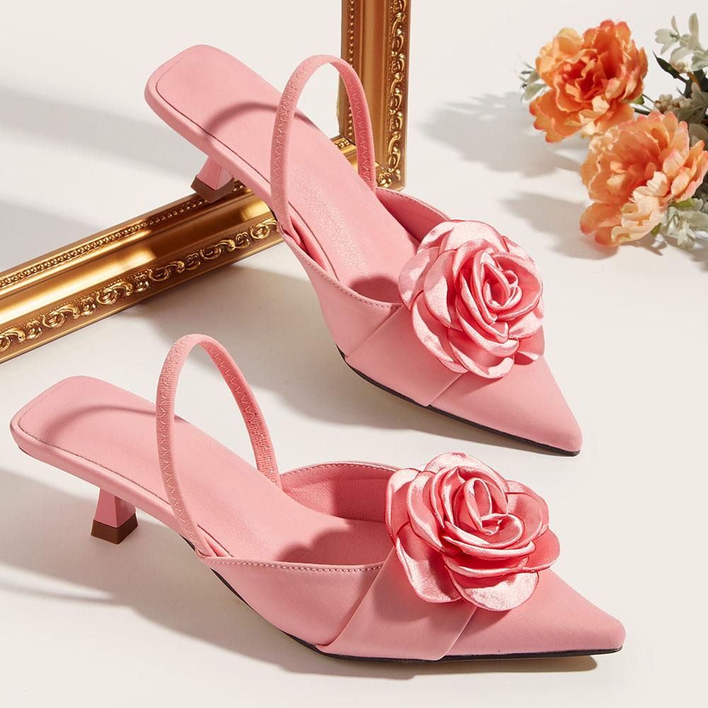 Flower Pointed Toe High Heels Women Pump Sandals Silk Kitten Heels Elegant Office Lady Sexy Party Sandals Big Size 43