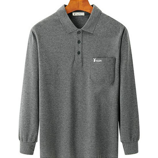 Men's Thick Cotton Long-Sleeve Dad T-Shirt for Spring/Autumn - Loose Fit, Solid Color, Lapel, Real Pocket, Casual Wear for Middle-Aged Men.