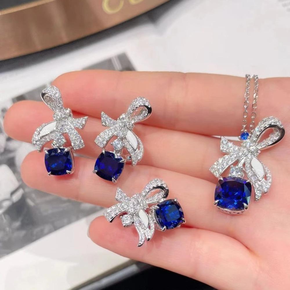 Luxury Butterfly Jewelry Set for Women Royal Blue Sapphire Necklace Ring and Earrings Fashion Accessories