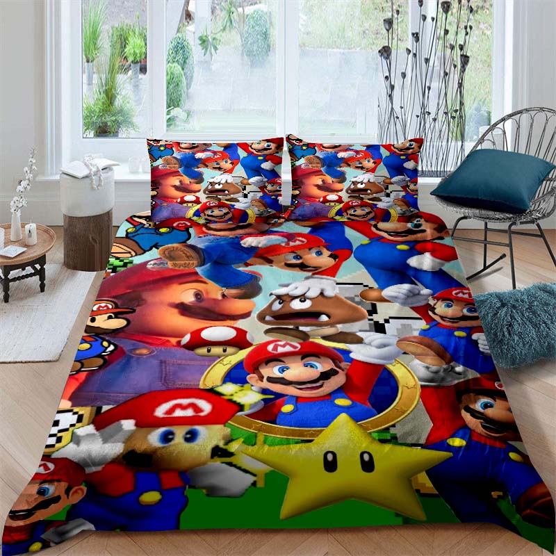 3D printed Super Mario World bedding set, a three-piece set including a printed duvet cover and pillowcases, available in adult
