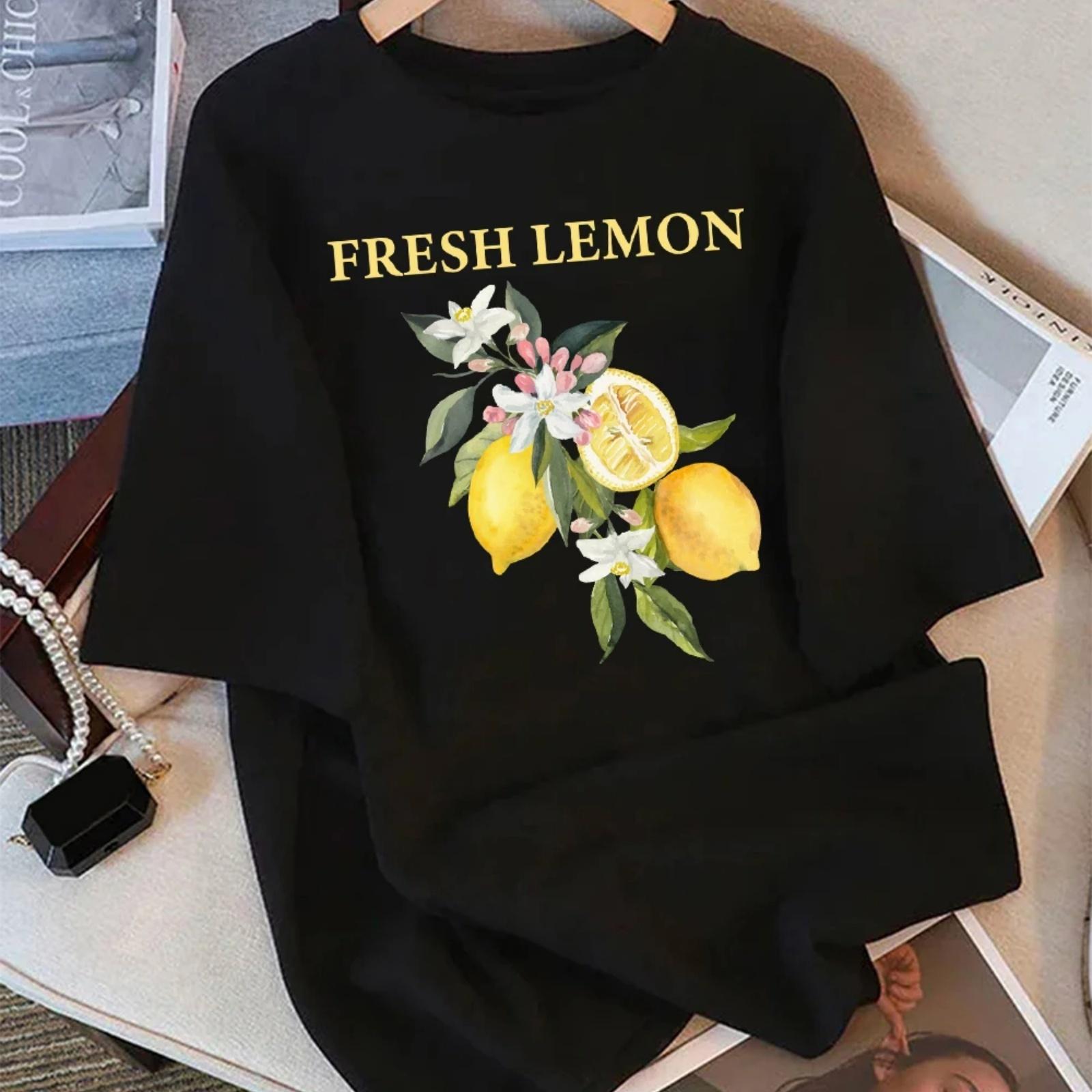 

100% Cotton Summer T-Shirts Womens Fresh Lemon Flowers Printing Tops Comfortable Soft O-Neck Short Sleeve Casual Womans Clothes XXXXXL різнокольоровий