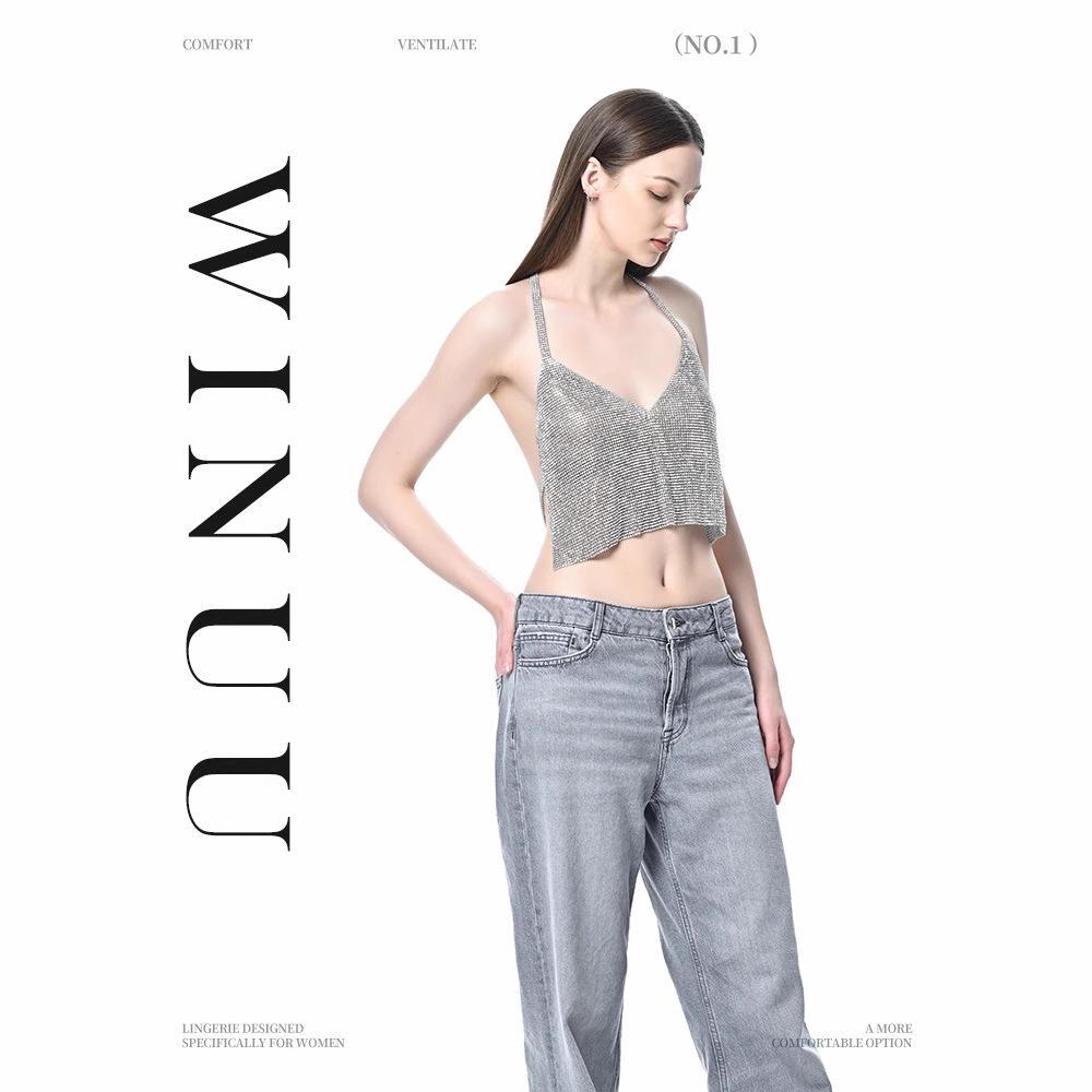 Cross-Border Rhinestone Halter Tank Top - Sexy, Shiny & Backless for Nightclub & Festival Wear