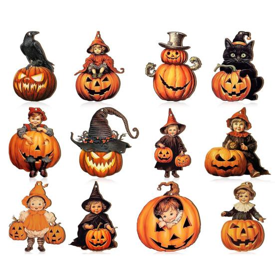 Halloween Wood Ornament For Tree Vintage Hanging Decoration Pumpkin Witch Black Cat