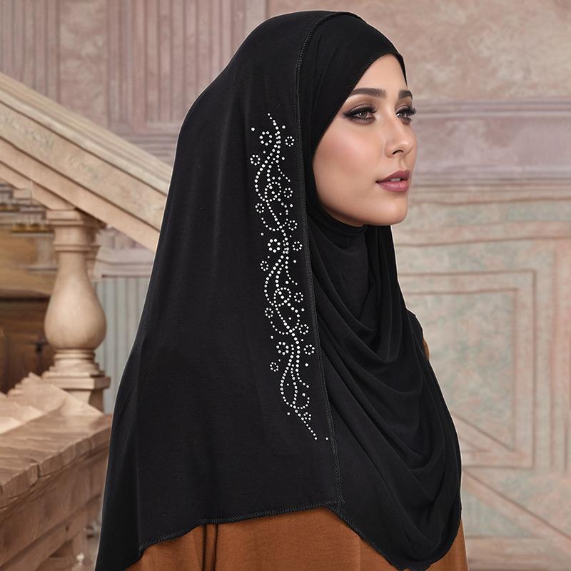 Premium Cotton Jersey Instant Hijab With Rhinestones Double Loop Muslim Headwrap Islamic Headscarf Scarf Islamic Headband Turban
