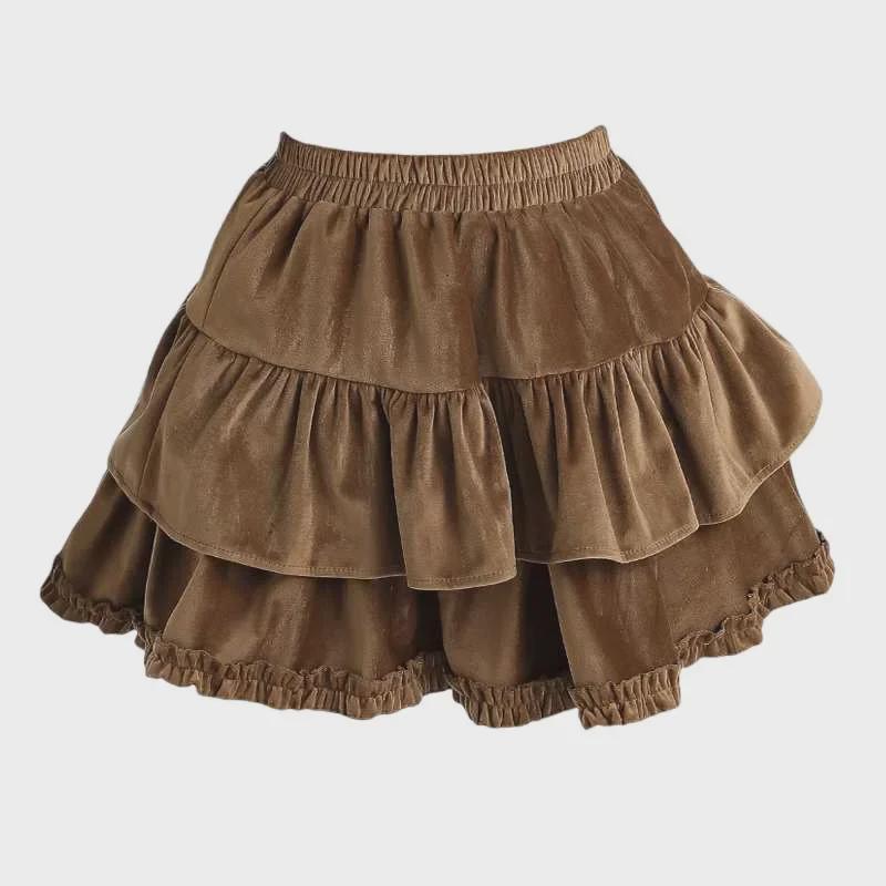 Fustă A-line pufoasă din catifea în stil balerină cu talie înaltă subțire și tiv cu volane pentru femei