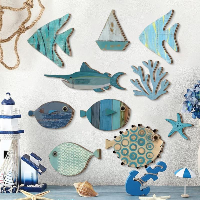10Pcs/Set Fish Wall Decor Wooden Fish Hanging Beach Theme Bathroom Art Nautical Coastal Ocean Home Decoration