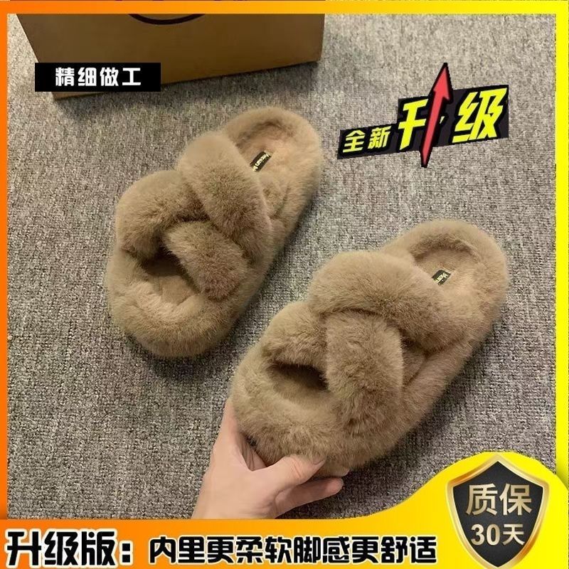 Internet Celebrities Casual Versatile Velvet Thickened Warm 2025 Autumn and Winter New Indoor Wool Cotton Slippers Women's One-word Drag