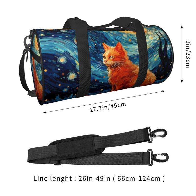 Vincent Van Gogh Blaue Sternennacht Katze Reise-Duffelbag Unisex Leichtgewicht Yoga Fitnessstudio Sporttaschen Tragbare Wasserdichte Gepäcktasche