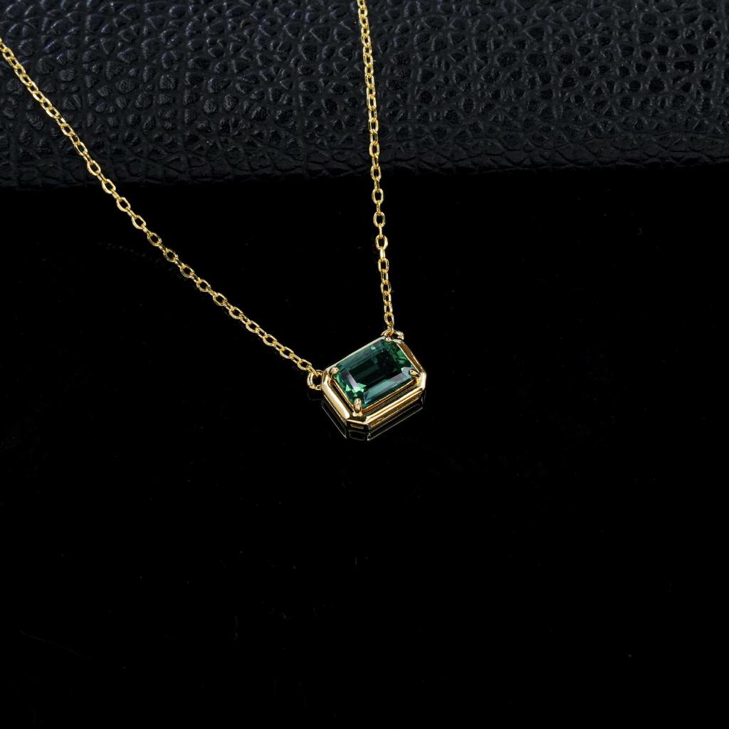Women's Minimalist S925 Sterling Silver Necklace with Rectangular Cultured Emerald in Square Frame and Four-Claw Setting