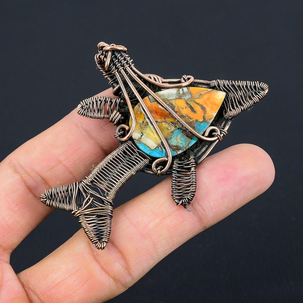 Unique Spiny Oyster Turquoise Gemstone Handmade Pure Copper Wire Wrapped Fish Pendant Jewelry