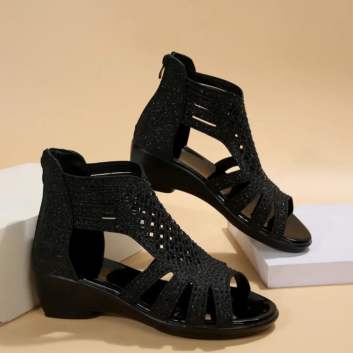 

Rhinestone Wedge Sandals Women Summer New Elegant Ladies Rome Shoes Hollow Sandals Female Black Casual Sandalias 43
