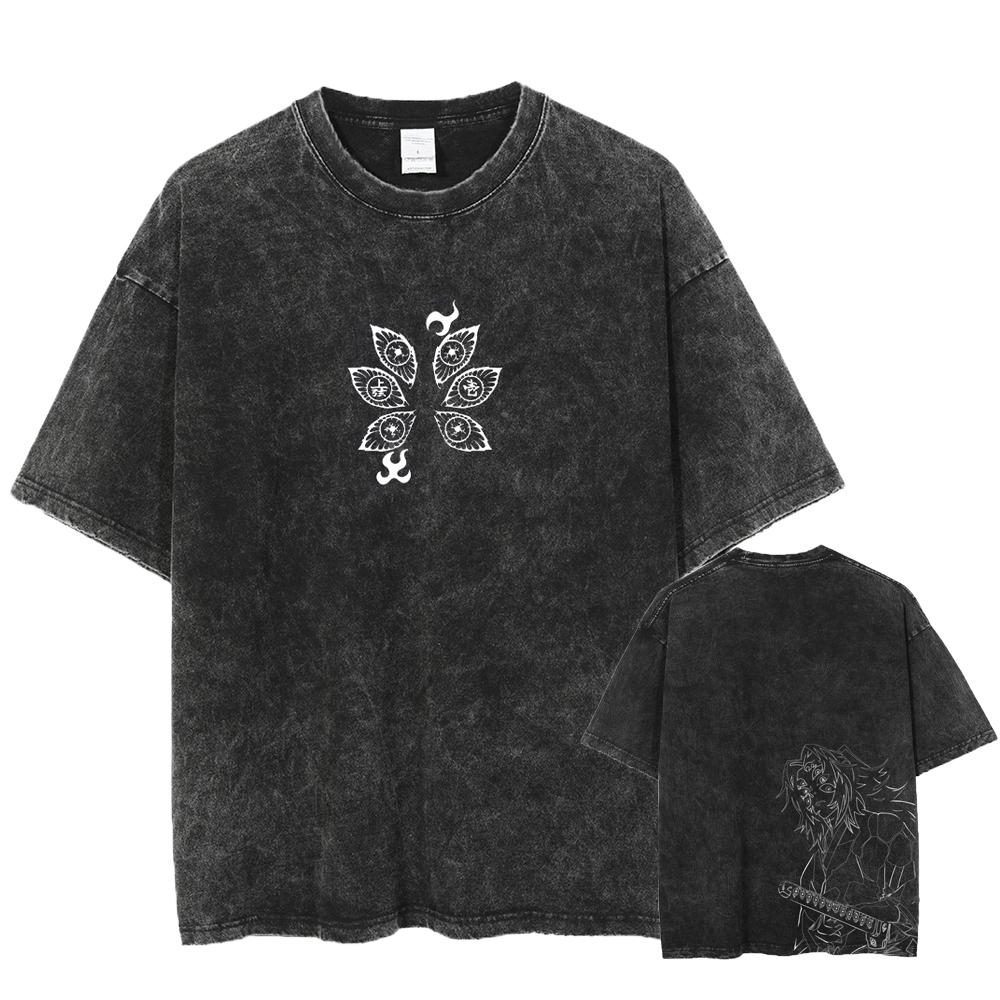 Harajuku Demon Slayer Tshirt Kokushibo Manga T Shirt Washed Cotton T-shirt For Men Women Clothing Summer Short Sleeves Tees Tops
