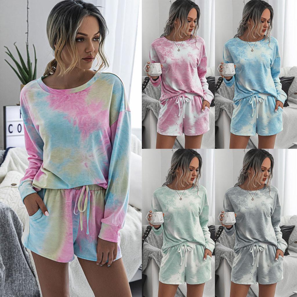 Dosoop Women Tie Dye Sweatsuit Pajamas Long Sleeve Top and Elastic Drawstring Shorts PJ Set Loungewear Nightwear Sleepwear