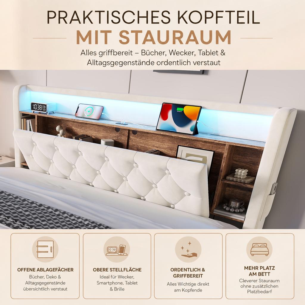 Letto imbottito con contenitore 180 × 200 cm, Letto in velluto con testiera multifunzionale, Illuminazione a LED, 2 Porte USB e Type-C, Idraulico, Beige