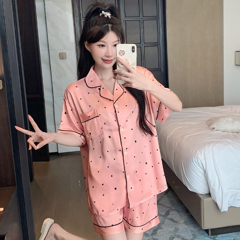 Ice Silk Pajamas Women'S Summer Small Fragrance Sweet Love Silk Thin Cool Loungewear Short Sleeve Two-Piece Set