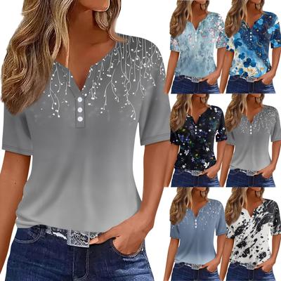 Damska koszulka z nadrukiem, guzikami, krótkim rękawem, codzienna, weekendowa, modna, podstawowa, dekolt w serek, regularna góra