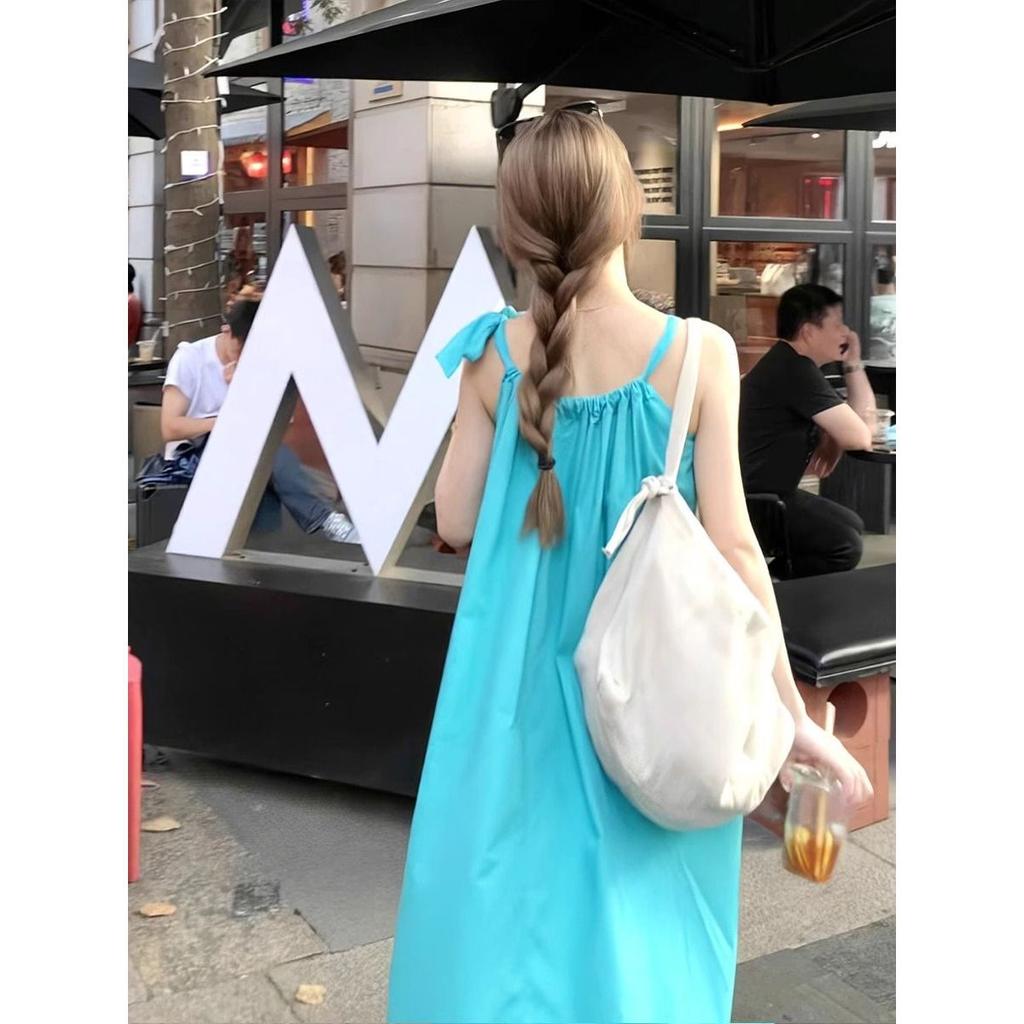 New holiday style lace-up suspender dress women's summer loose and thin A-shaped skirt blue medium and long skirt