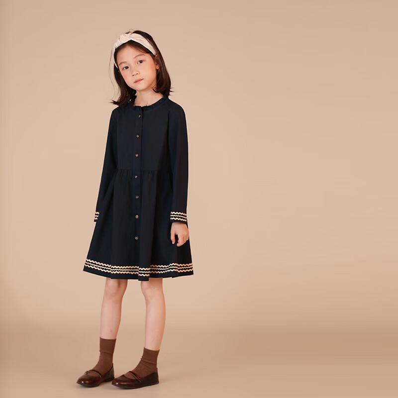 Hacikis Girls' Navy Preppy Style Long Sleeve Cotton Dress