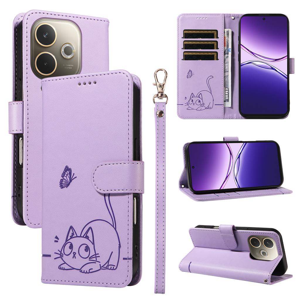 For Oppo A5 Energy 5G (China)/Oppo A5 Pro 5G (Global) Case Cat Pattern Imprint Leather Phone Cover with Wrist Strap