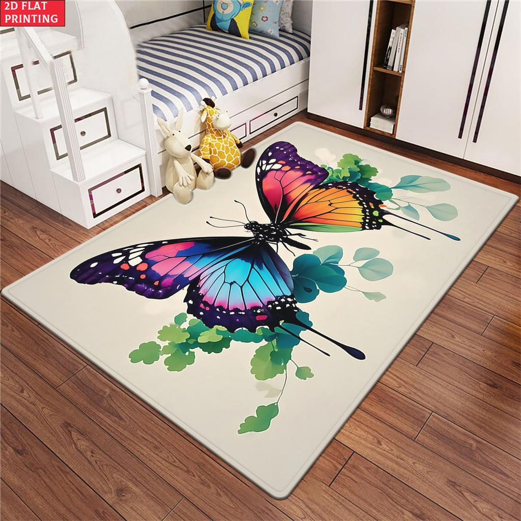 Colorful Butterfly Floral Area Rug,Non-Slip Soft Carpet for Living Room Bedroom,Cute Cartoon Decorative Floor Mat for Kids Room
