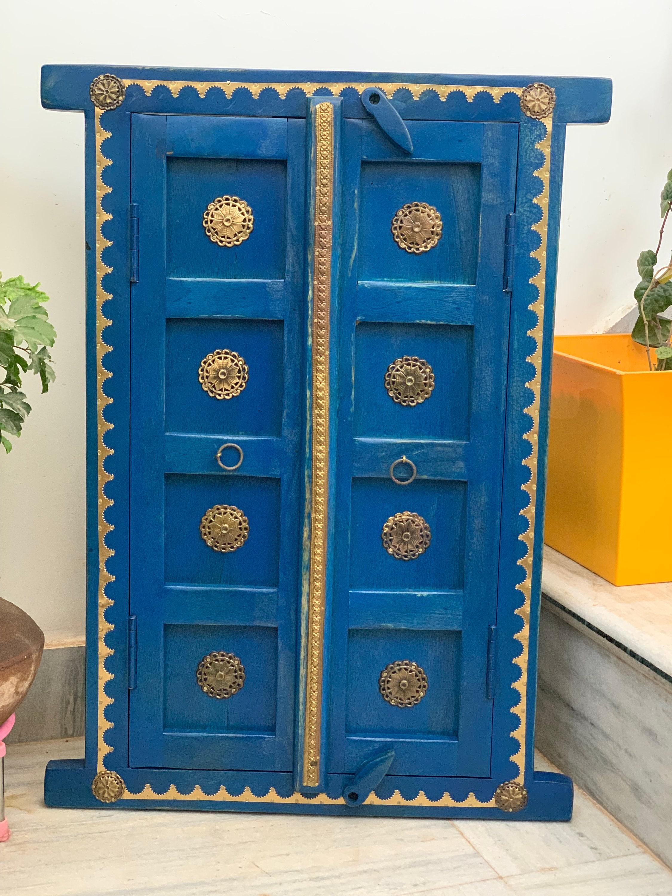 Handmade Carved Wooden Jharokha: Blue Painted Indian Window Wall Decor разноцветный
