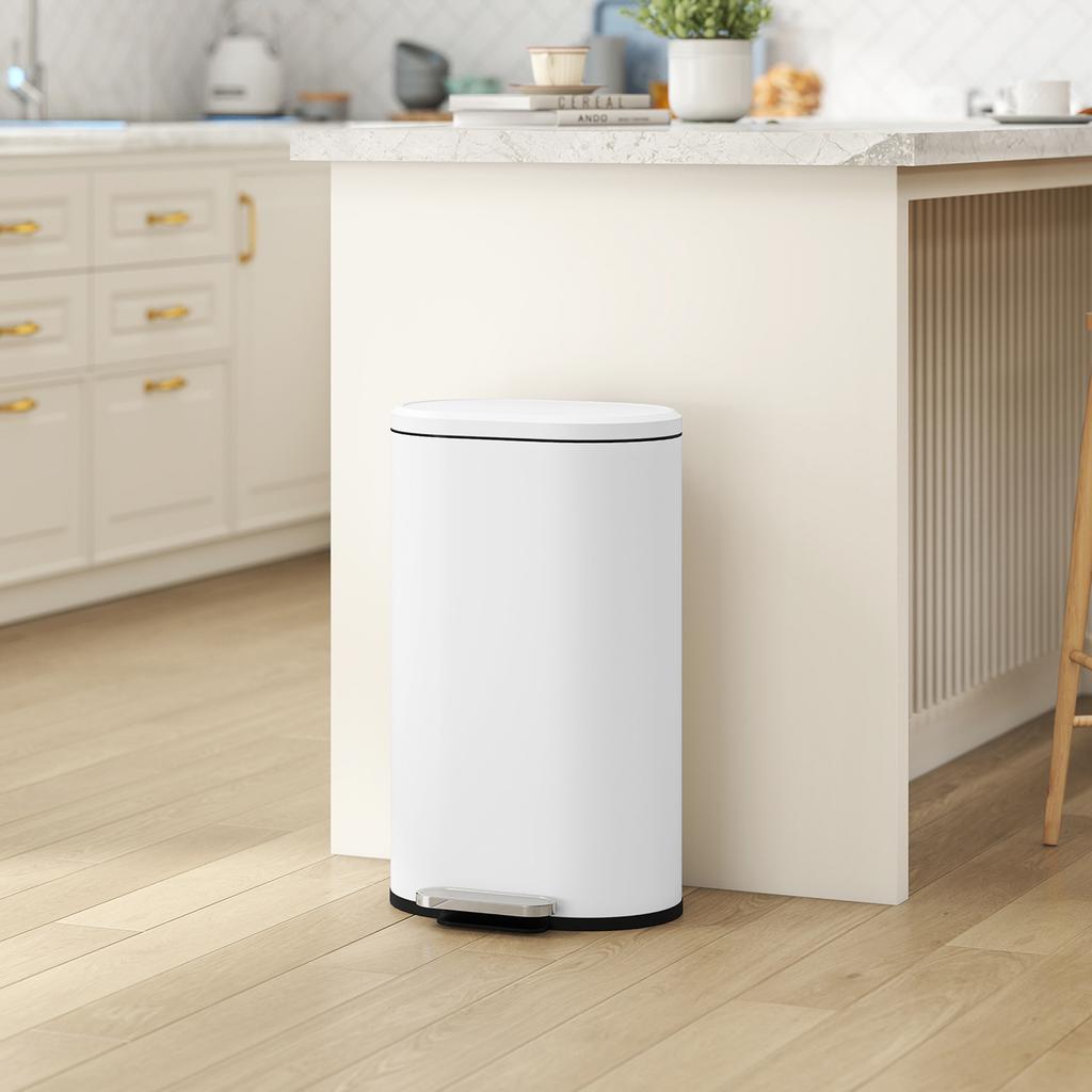 Kitchen Bin, 30 L, Pedal, Removable Inner Bucket, Soft-Close Lid, 36.5 x 31 x 61 cm, White