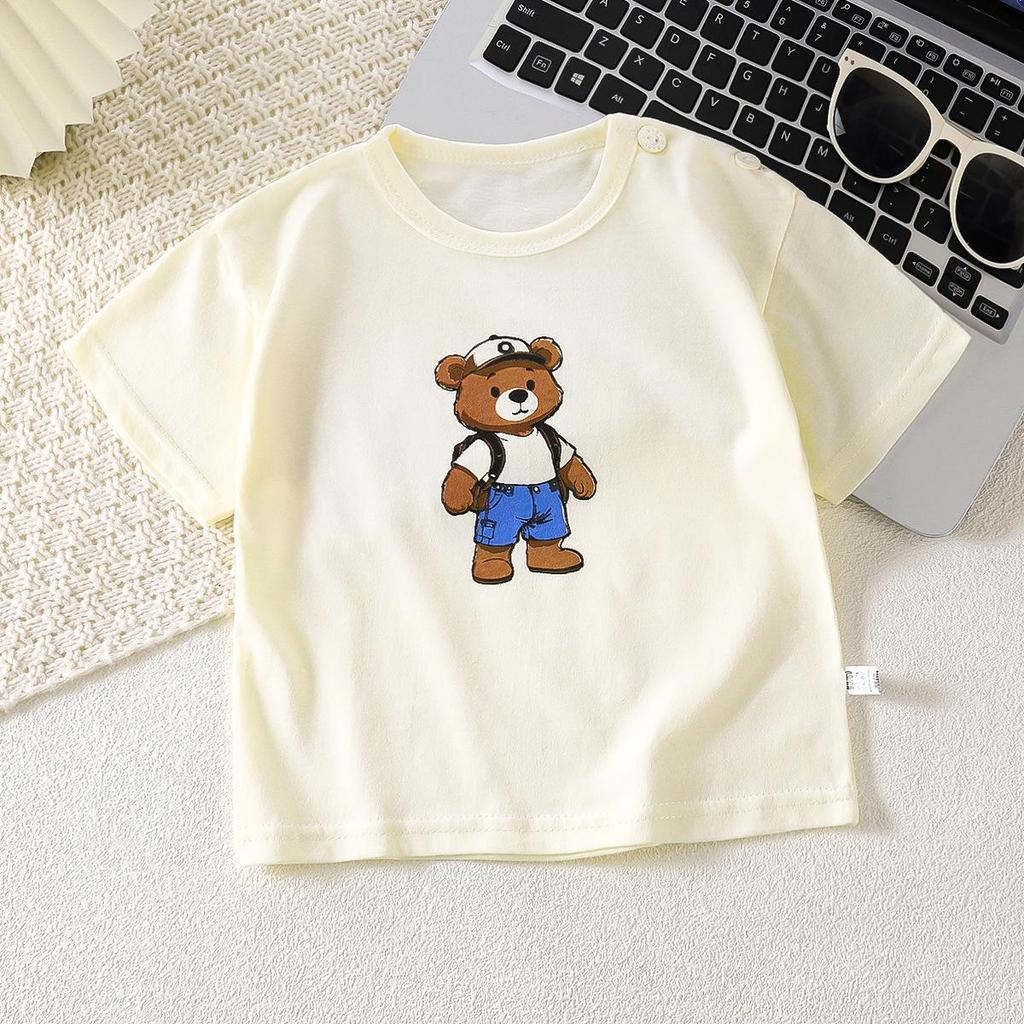 Letní trička s krátkým rukávem 2026 pro chlapce a dívky Miminko Jaro Kulatý výstřih Kreslený bavlněný top pro děti