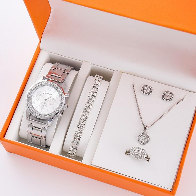 Three-eye Watch with Diamond Alloy Steel Belt Watch Women's Geneva Quartz Watch Set