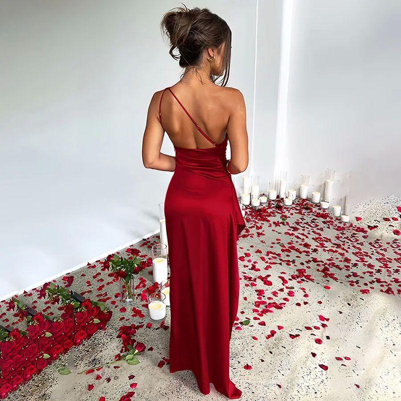 

Solid Color Slanted Shoulder Slit Dress Pure Color Slant Shoulder Split Dress Female Wine-red M