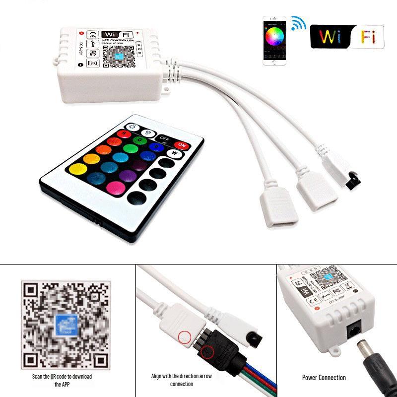 24-Tasten WiFi RGB LED Strip Controller mit IR-Fernbedienung & Smartphone-App-Kompatibilität